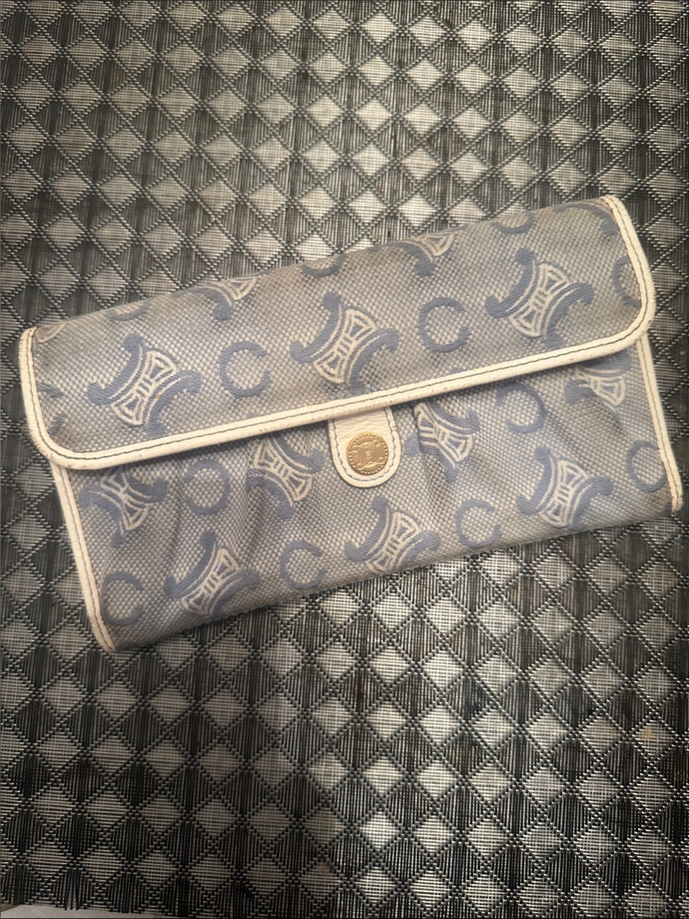Celine Blue Canvas Triomphe Clutch Wallet with White Trim